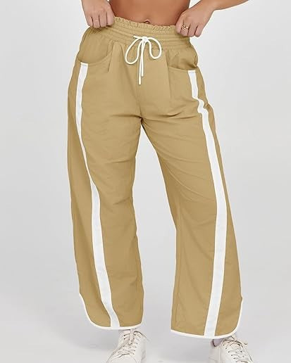 Contrast Side Stripe Drawstring Track Pants - Khaki