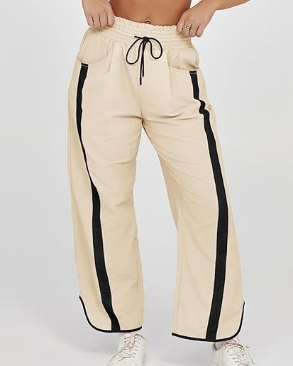Contrast Side Stripe Drawstring Track Pants - Off-White