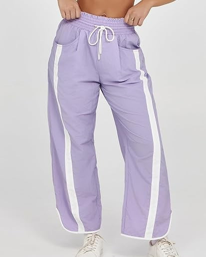 Contrast Side Stripe Drawstring Track Pants - Purple