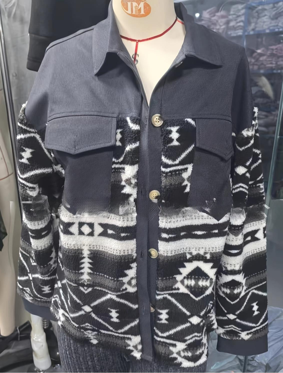 Aztec Print Button Front Fleece Shacket - Black