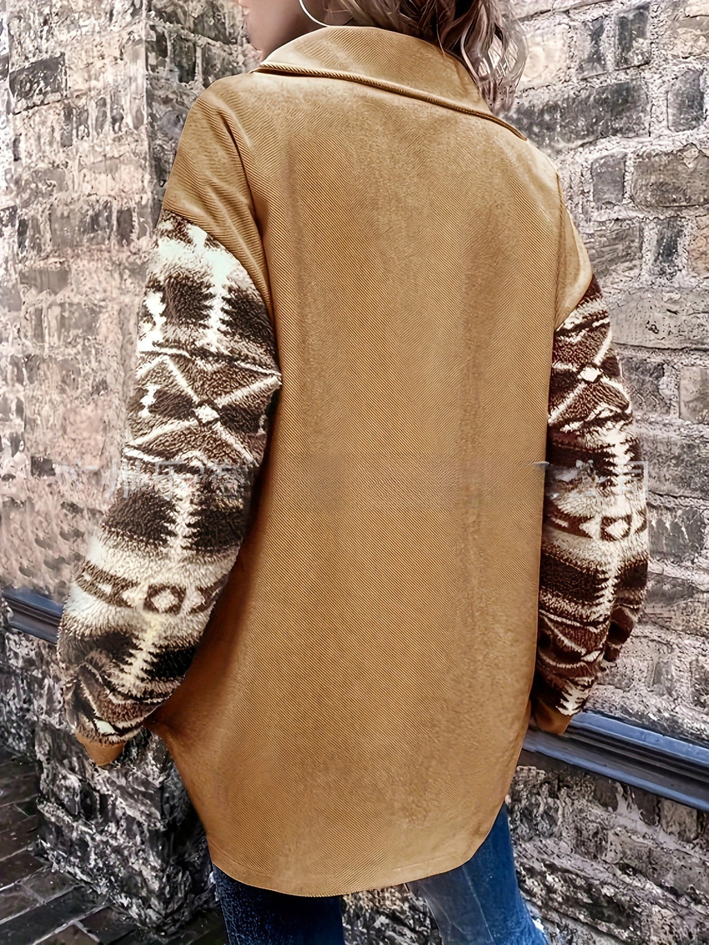 Aztec Print Button Front Fleece Shacket - Khaki - 1