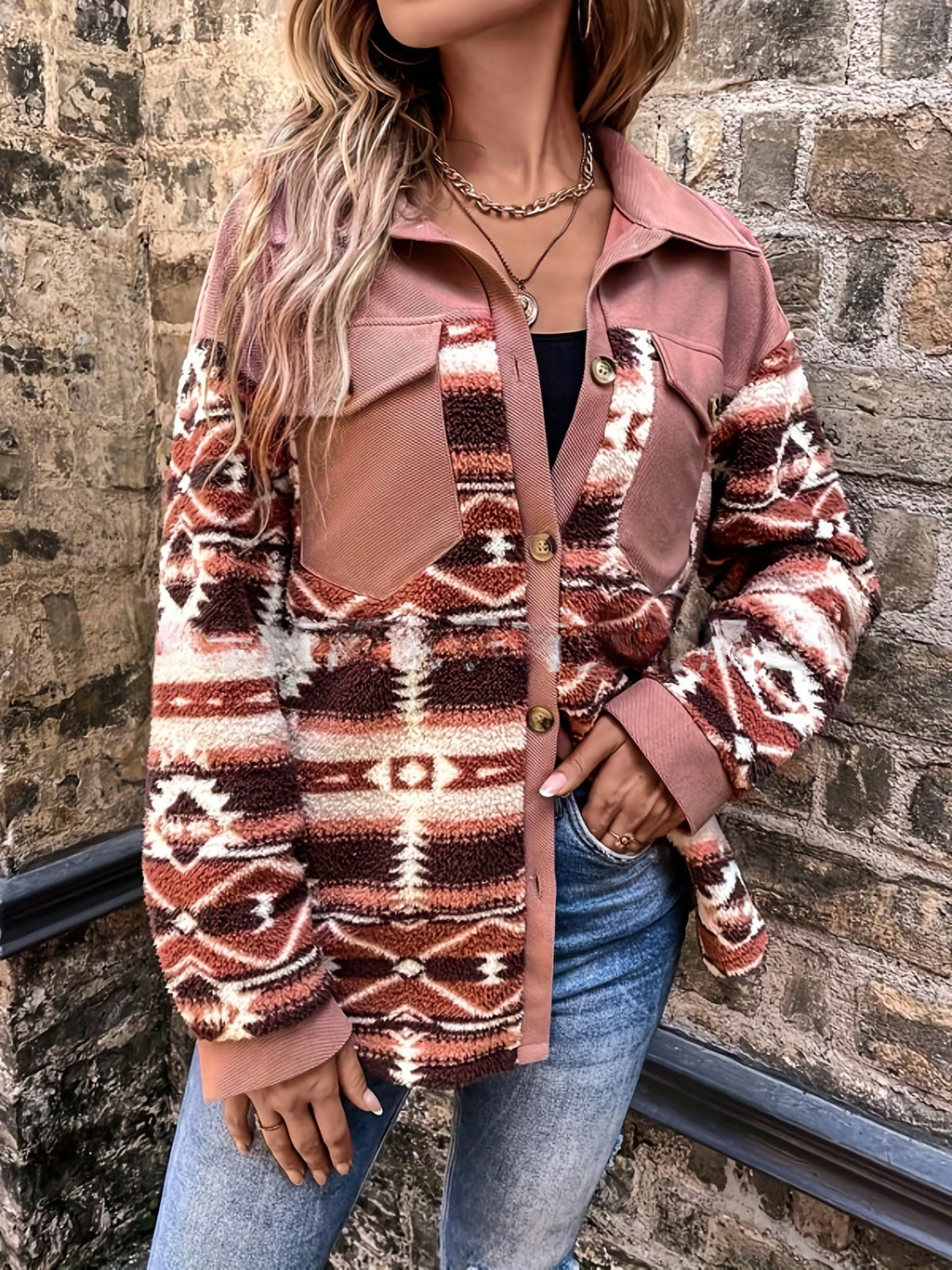 Aztec Print Button Front Fleece Shacket - Peach