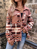 Aztec Print Button Front Fleece Shacket - Peach