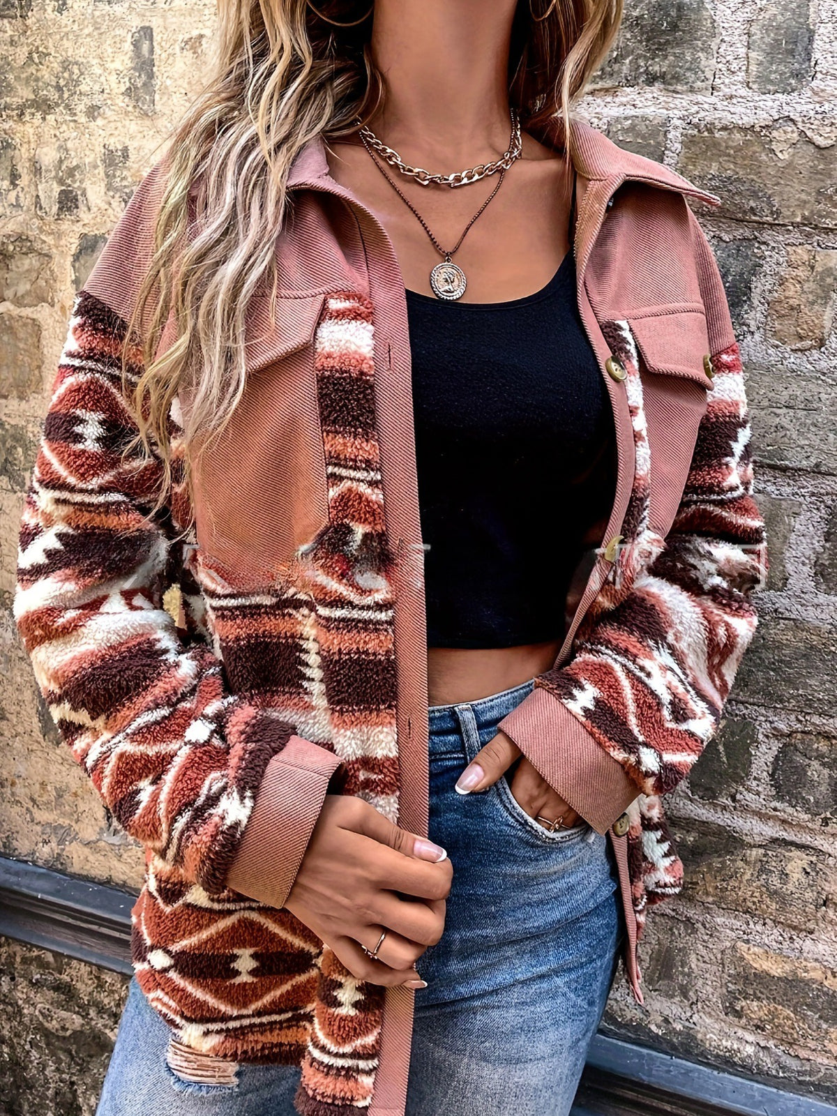 Aztec Print Button Front Fleece Shacket - Peach - 1