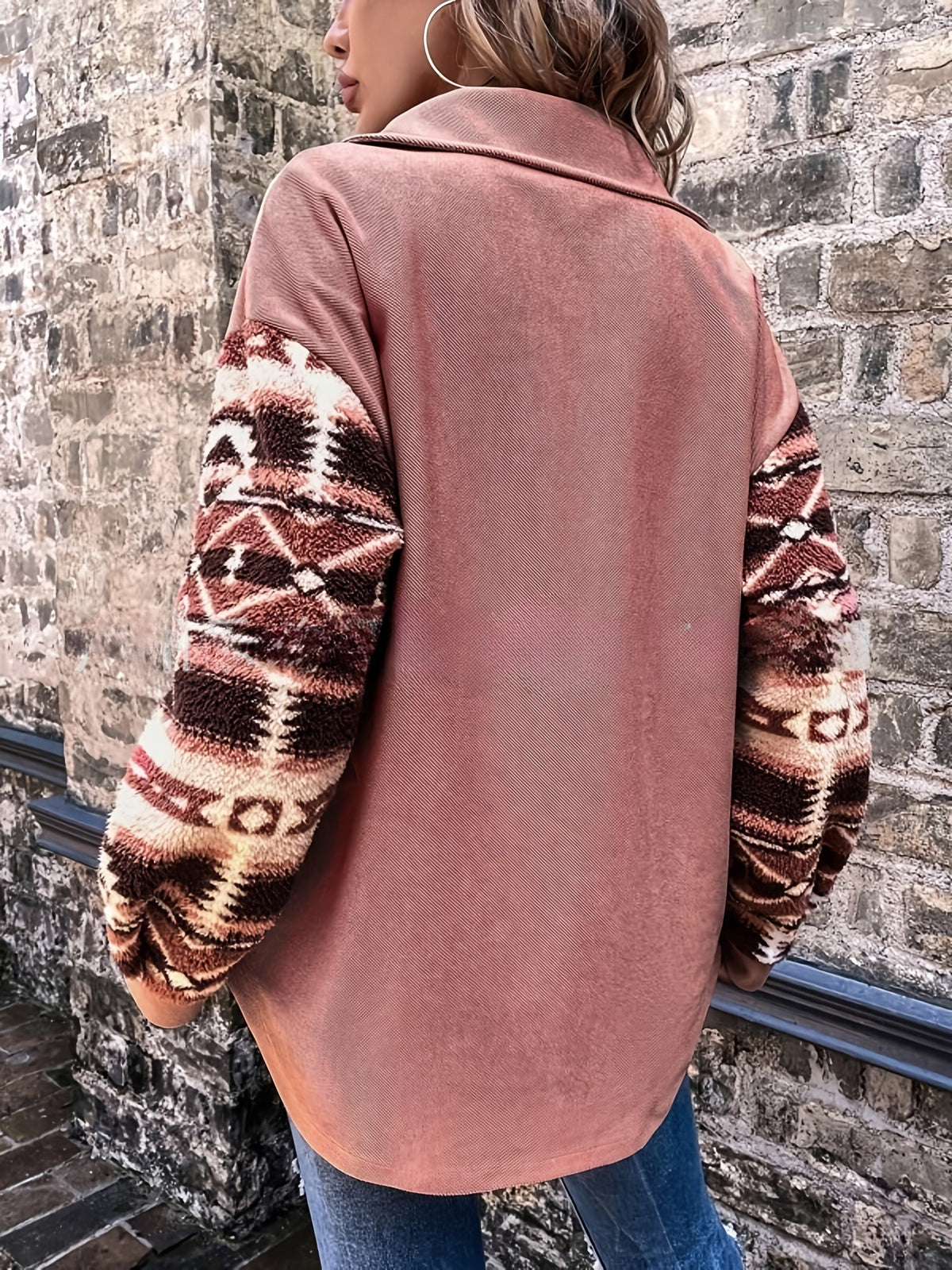 Aztec Print Button Front Fleece Shacket - Peach - 2