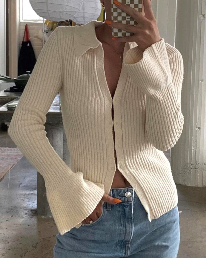 Fitted Rib Knit Collared Bell Sleeve Cardigan - Apricot