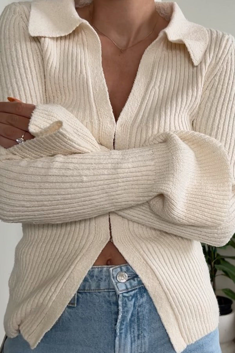 Fitted Rib Knit Collared Bell Sleeve Cardigan - Apricot - 2