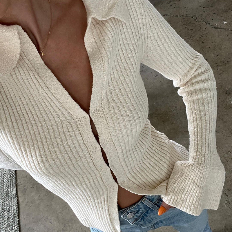 Fitted Rib Knit Collared Bell Sleeve Cardigan - Apricot - 3