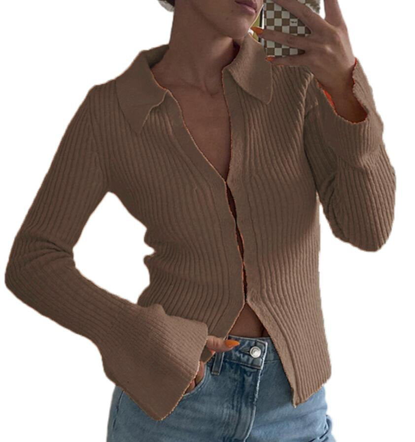 Fitted Rib Knit Collared Bell Sleeve Cardigan - Brown