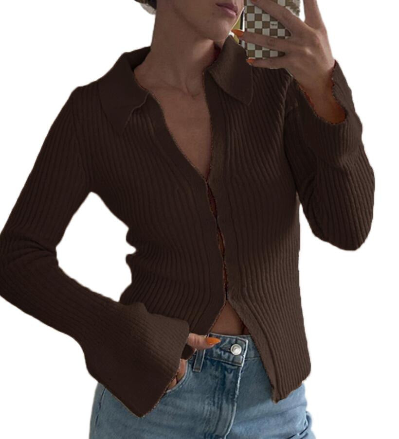 Fitted Rib Knit Collared Bell Sleeve Cardigan - Coffee