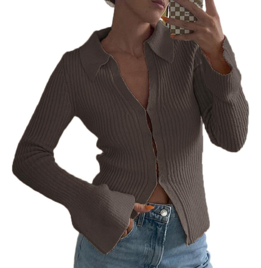 Fitted Rib Knit Collared Bell Sleeve Cardigan - Grey