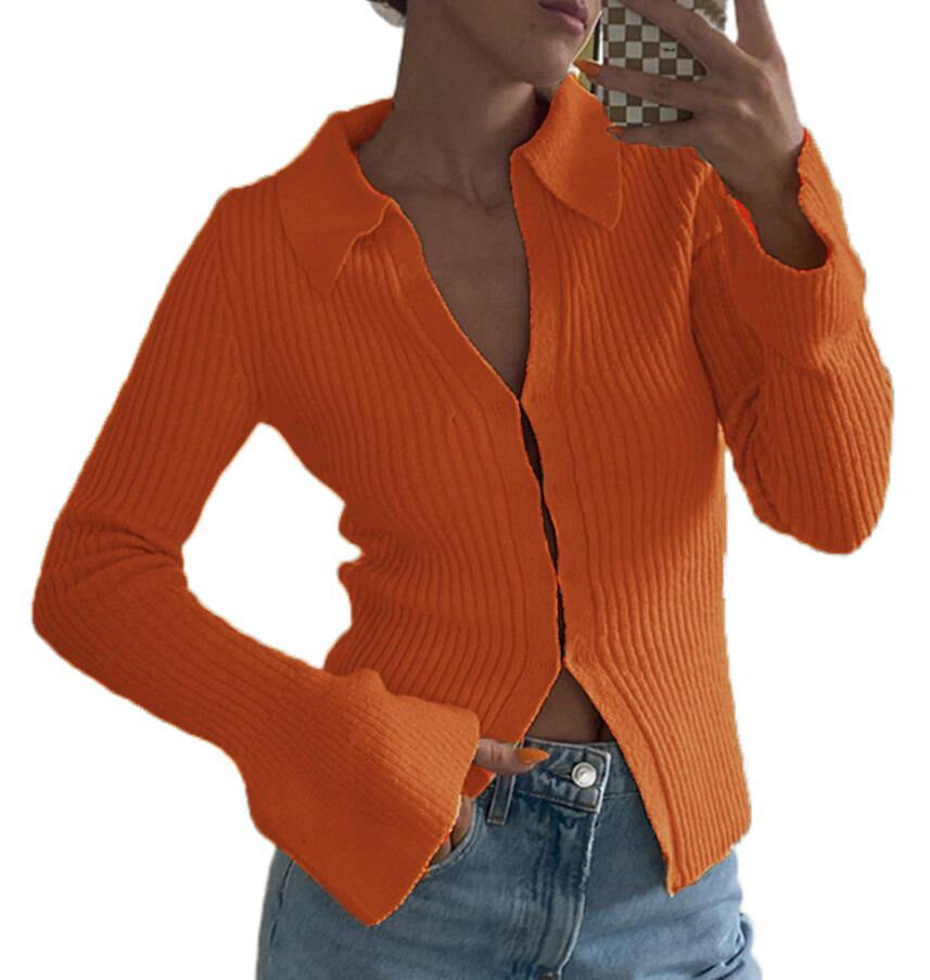 Fitted Rib Knit Collared Bell Sleeve Cardigan - Orange