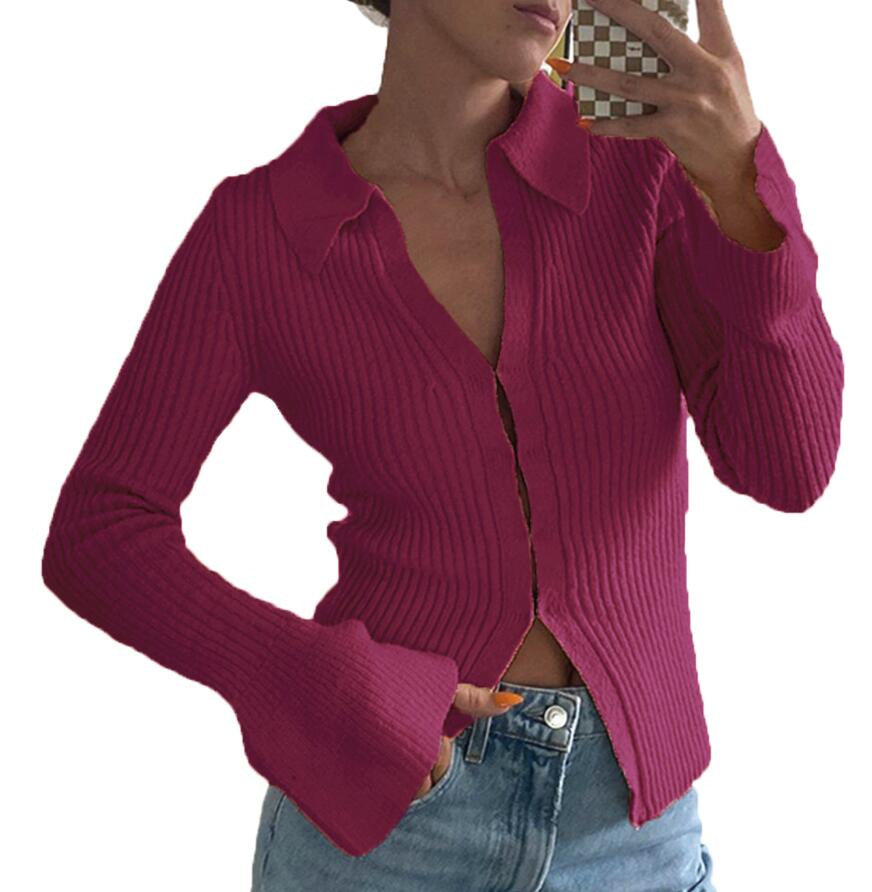 Fitted Rib Knit Collared Bell Sleeve Cardigan - RoseRed