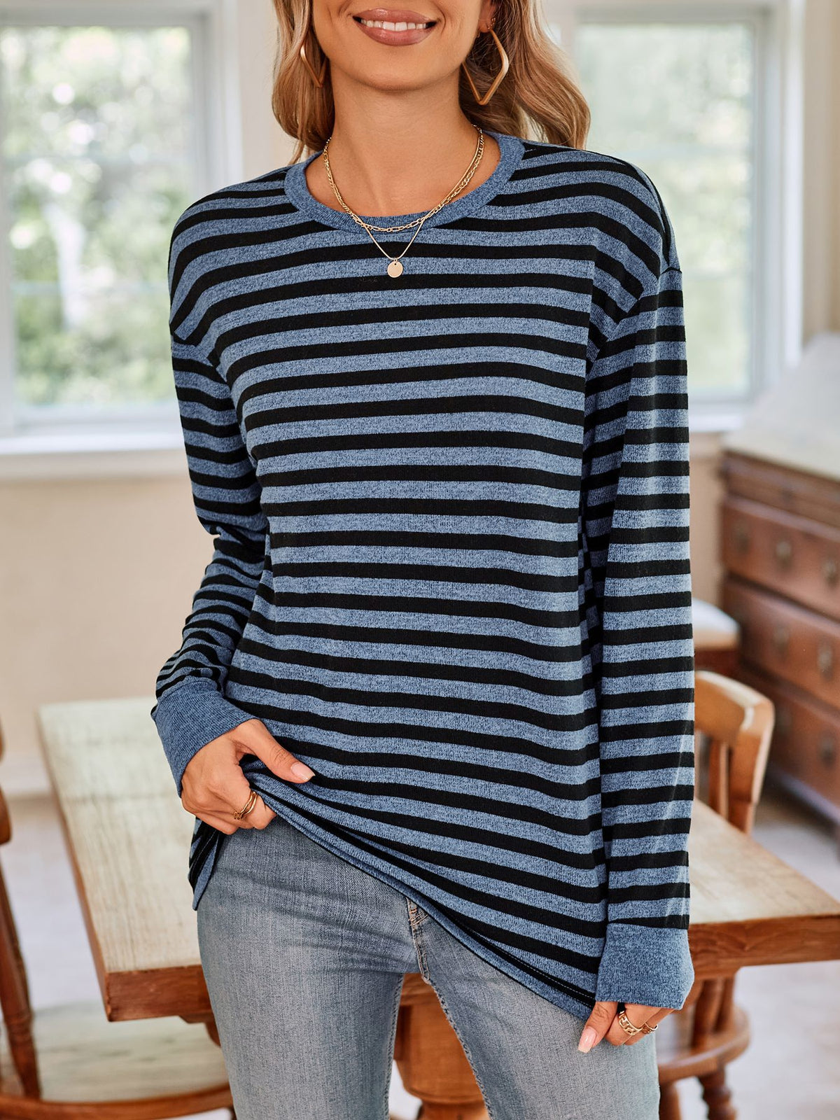 Striped Waffle Knit Contrast Cuff Top - Darkblue
