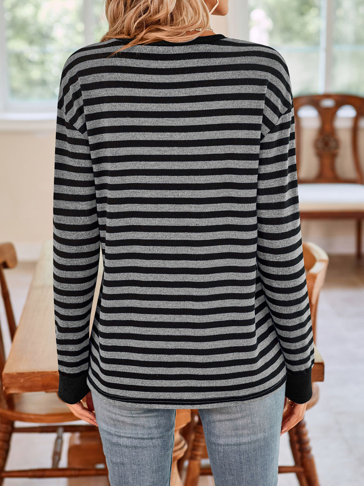 Striped Waffle Knit Contrast Cuff Top - Darkgrey - 2