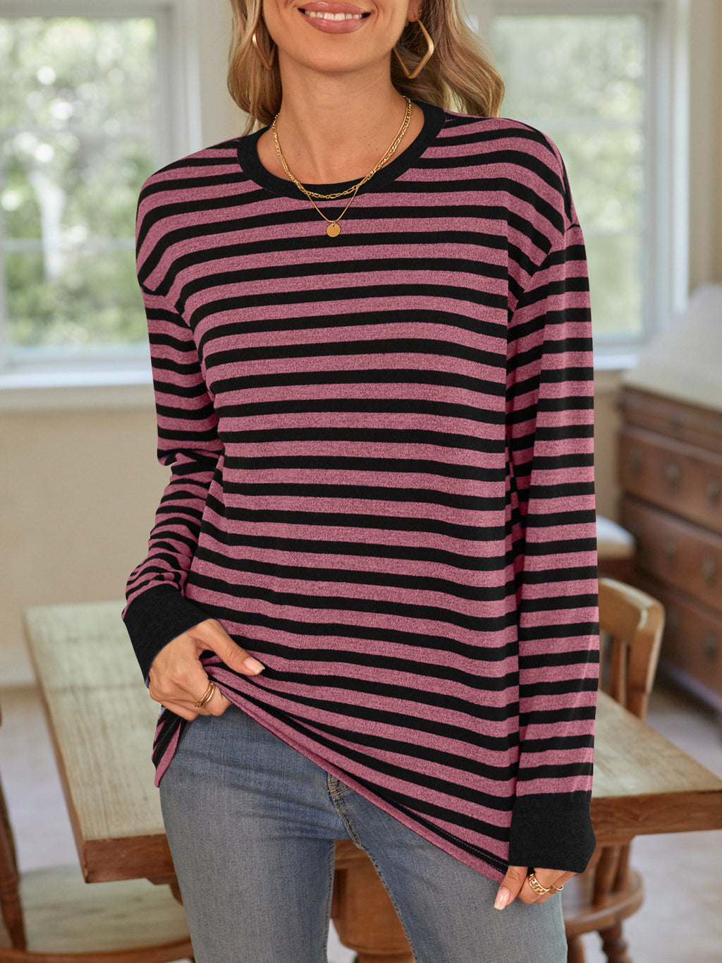 Striped Waffle Knit Contrast Cuff Top - Winered
