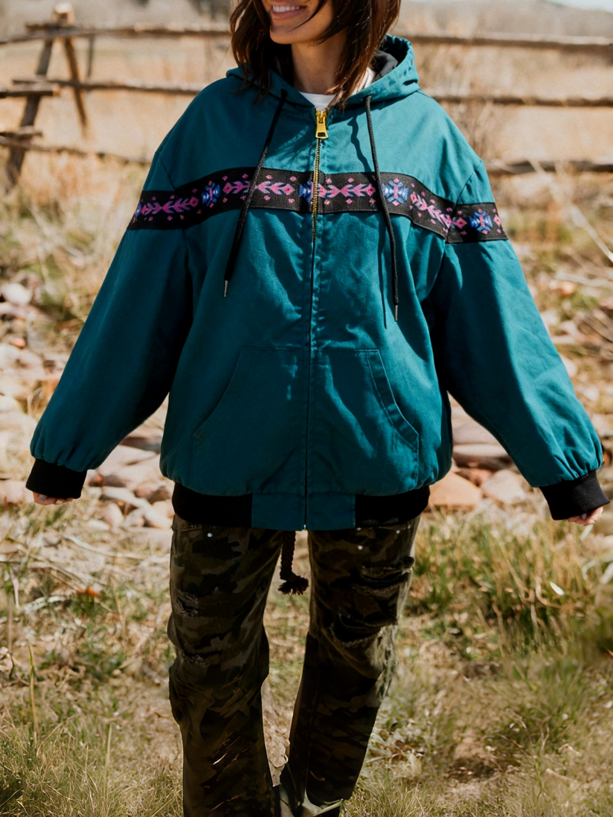 Southwest Stripe Hooded Zip Up Jacket - Teal