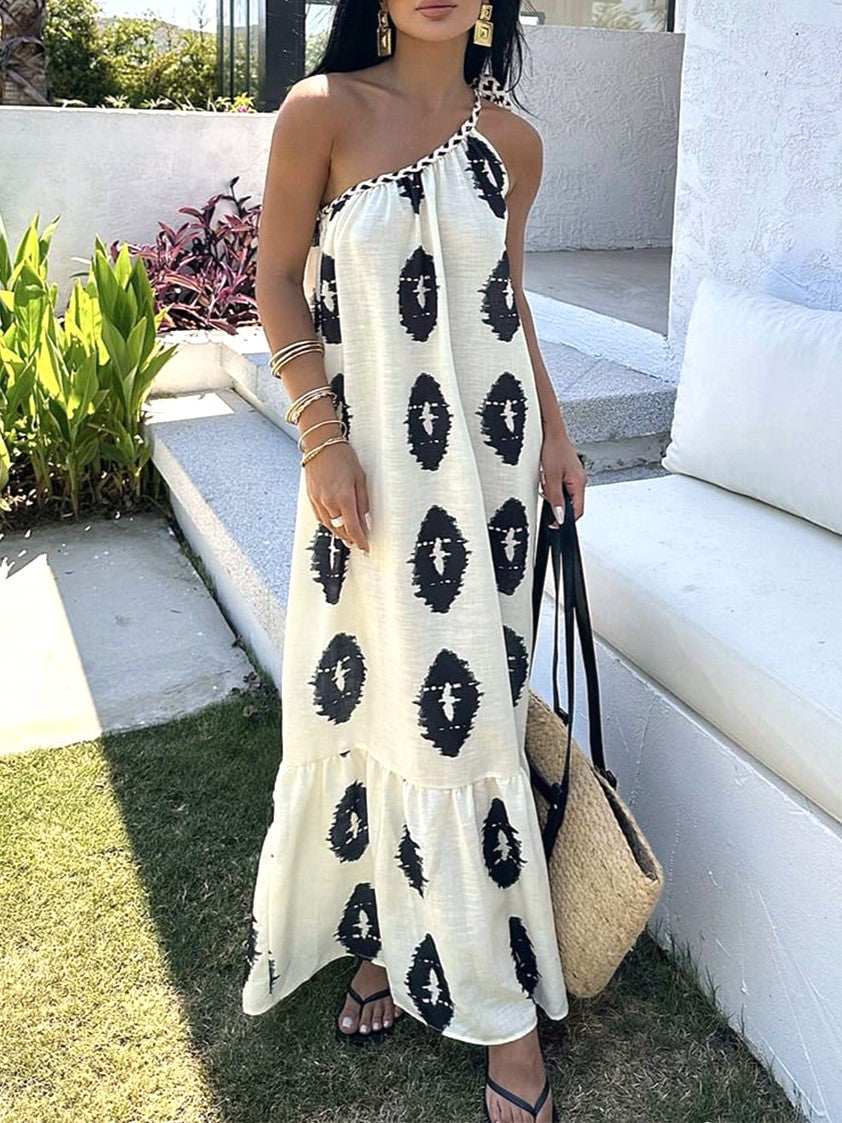 Ikat Medallion Print Sleeveless Maxi Dress - Beige