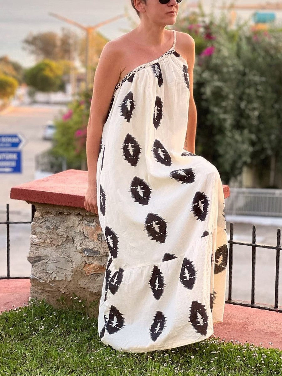 Ikat Medallion Print Sleeveless Maxi Dress - Beige - 4