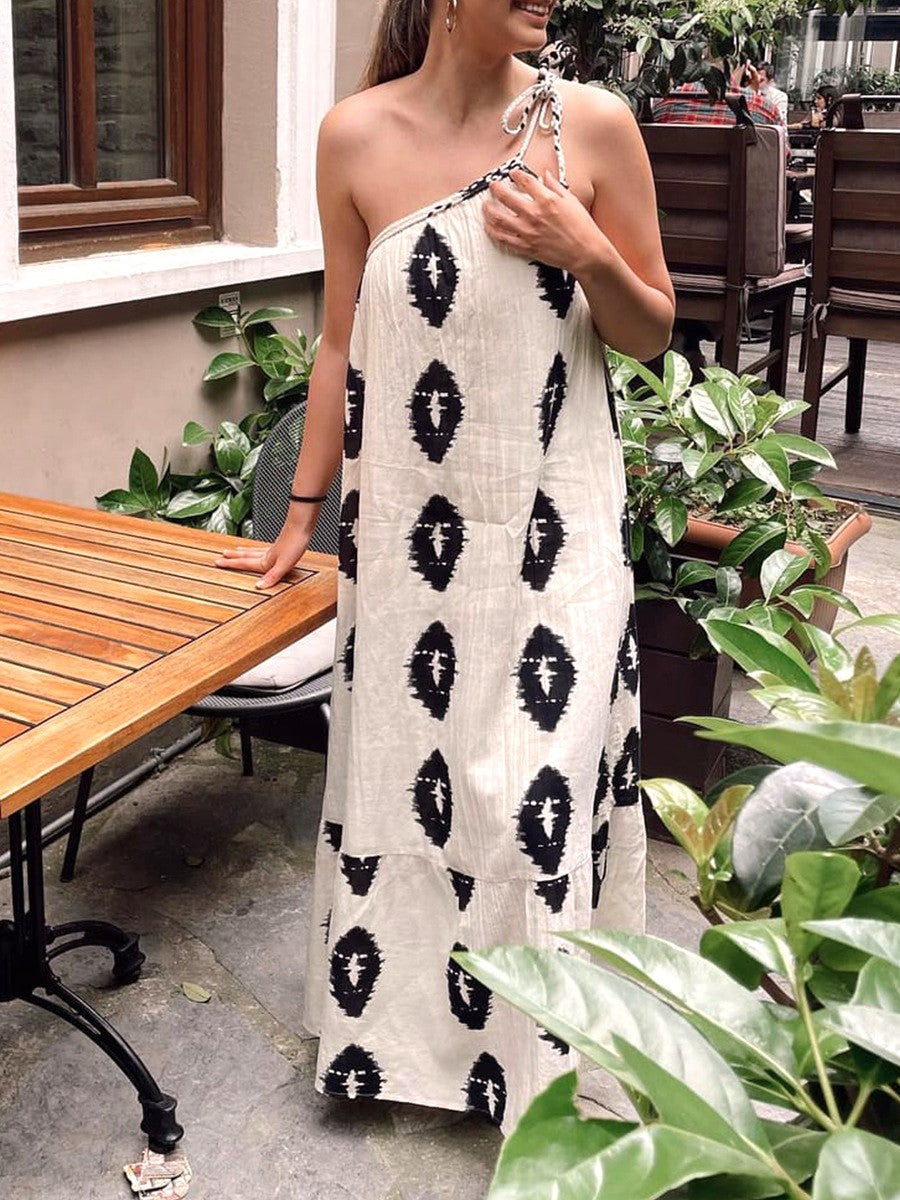 Ikat Medallion Print Sleeveless Maxi Dress - Beige - 5