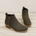 Round Toe Stacked Heel Side Zip Ankle Booties - Olive