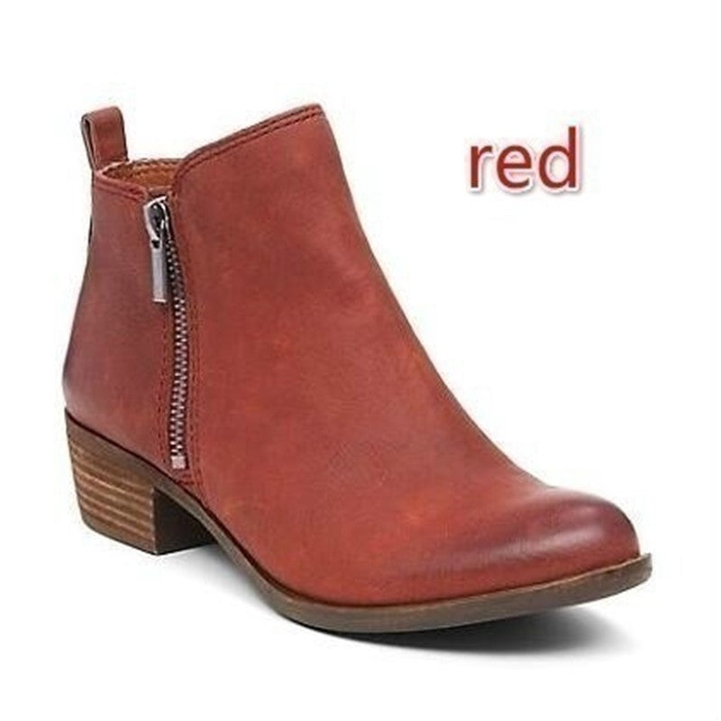 Round Toe Stacked Heel Side Zip Ankle Booties - Rust