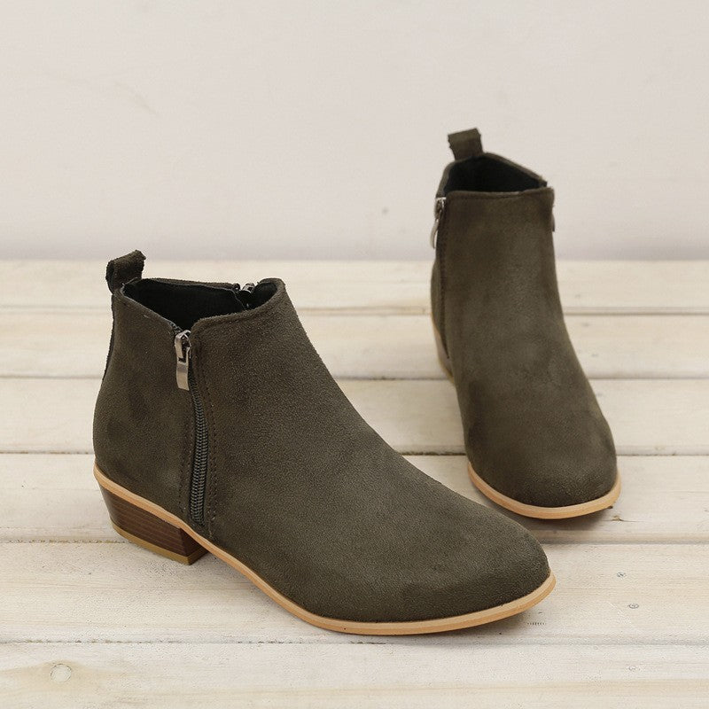 Round Toe Stacked Heel Side Zip Ankle Booties
