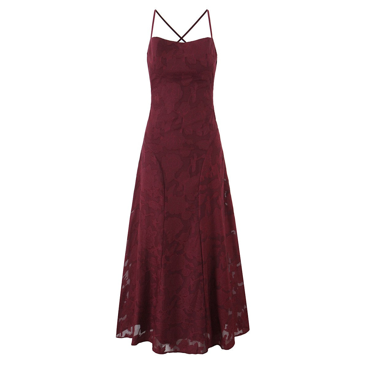 Burgundy Floral Jacquard Lace-Up Back Maxi Dress - Burgundy