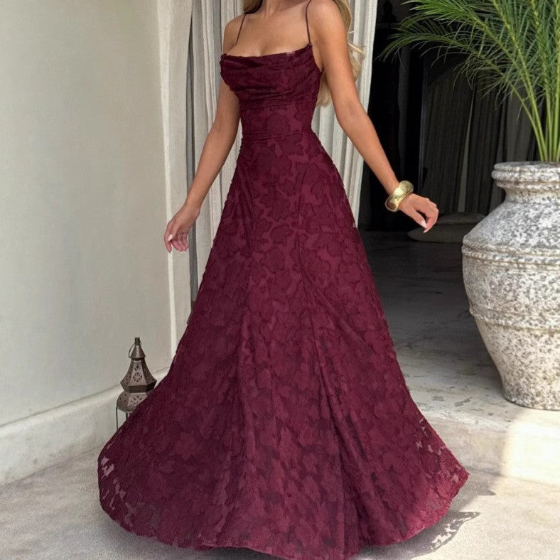 Burgundy Floral Jacquard Lace-Up Back Maxi Dress
