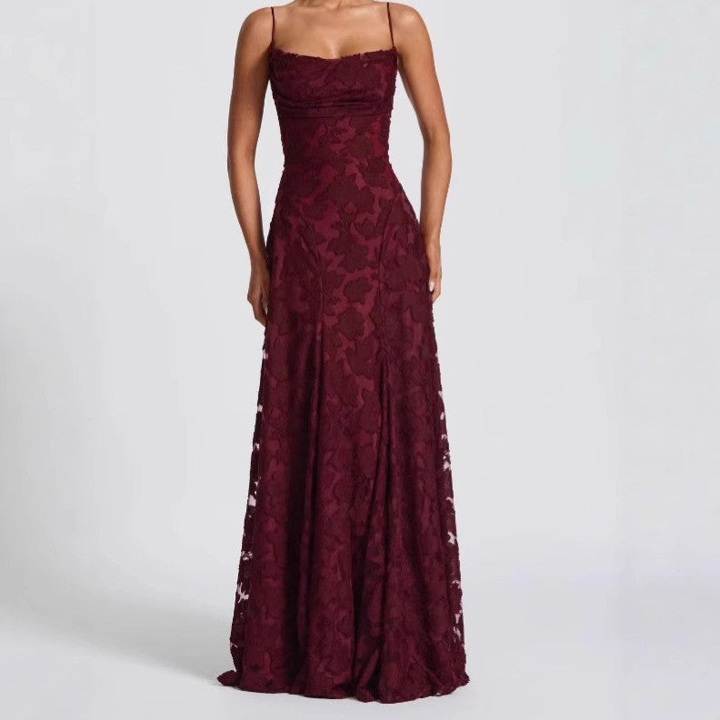 Burgundy Floral Jacquard Lace-Up Back Maxi Dress