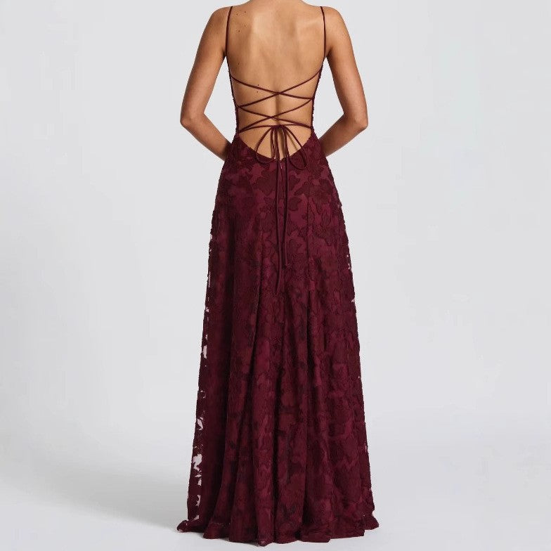 Burgundy Floral Jacquard Lace-Up Back Maxi Dress