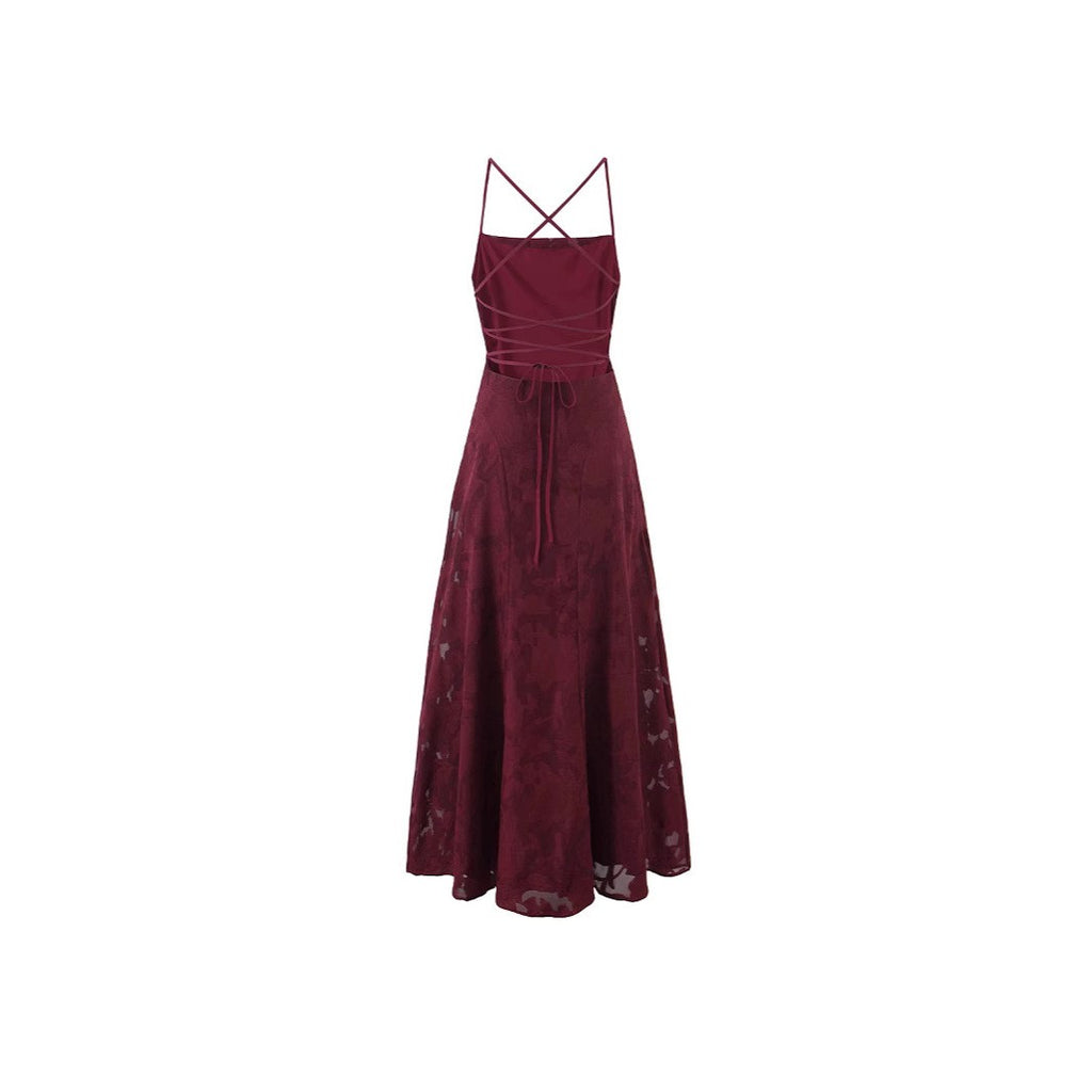Burgundy Floral Jacquard Lace-Up Back Maxi Dress
