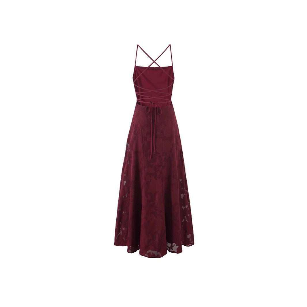 Burgundy Floral Jacquard Lace-Up Back Maxi Dress