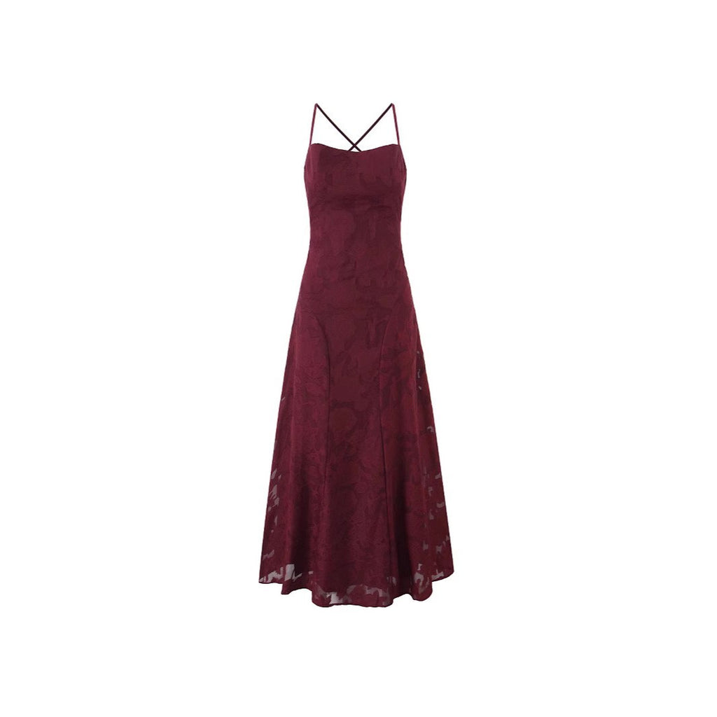 Burgundy Floral Jacquard Lace-Up Back Maxi Dress