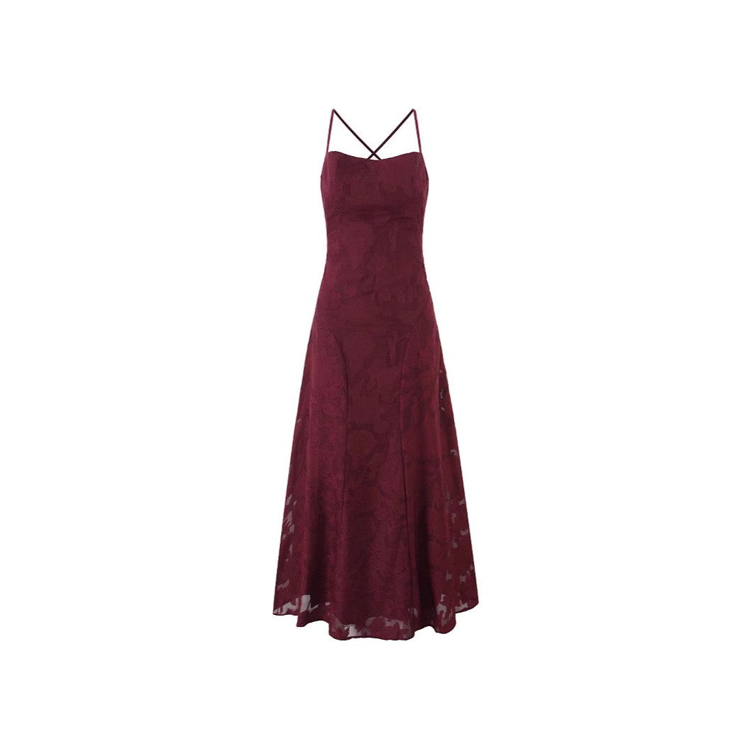 Burgundy Floral Jacquard Lace-Up Back Maxi Dress
