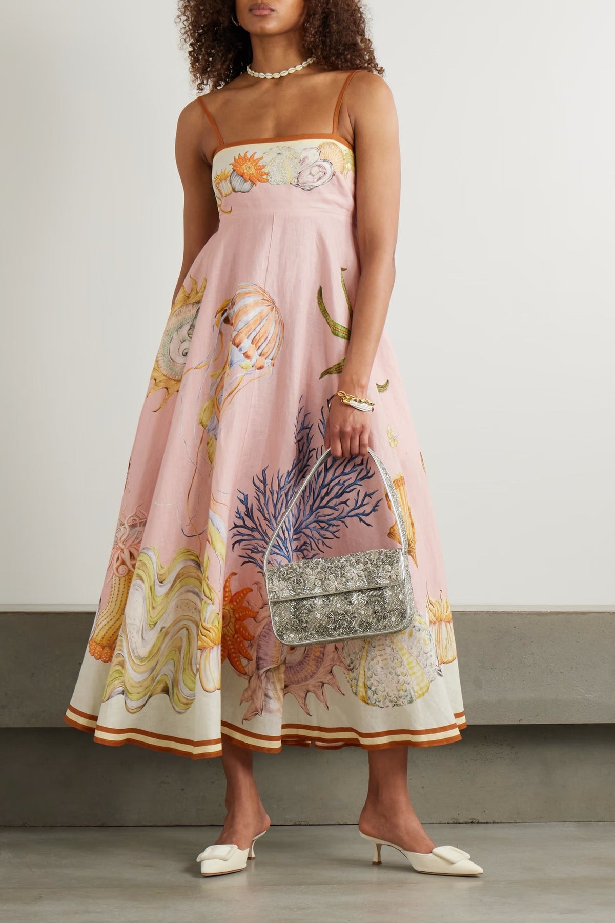 Marine Print Strappy Swing Midi Dress - pink