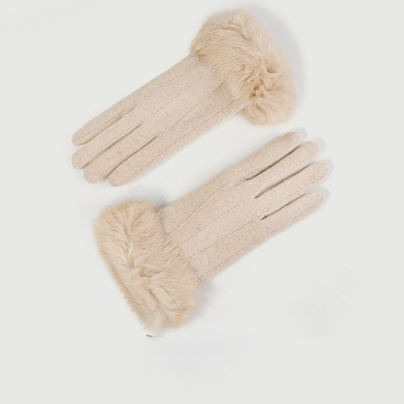 Faux Fur Cuff Touchscreen Gloves - Beige