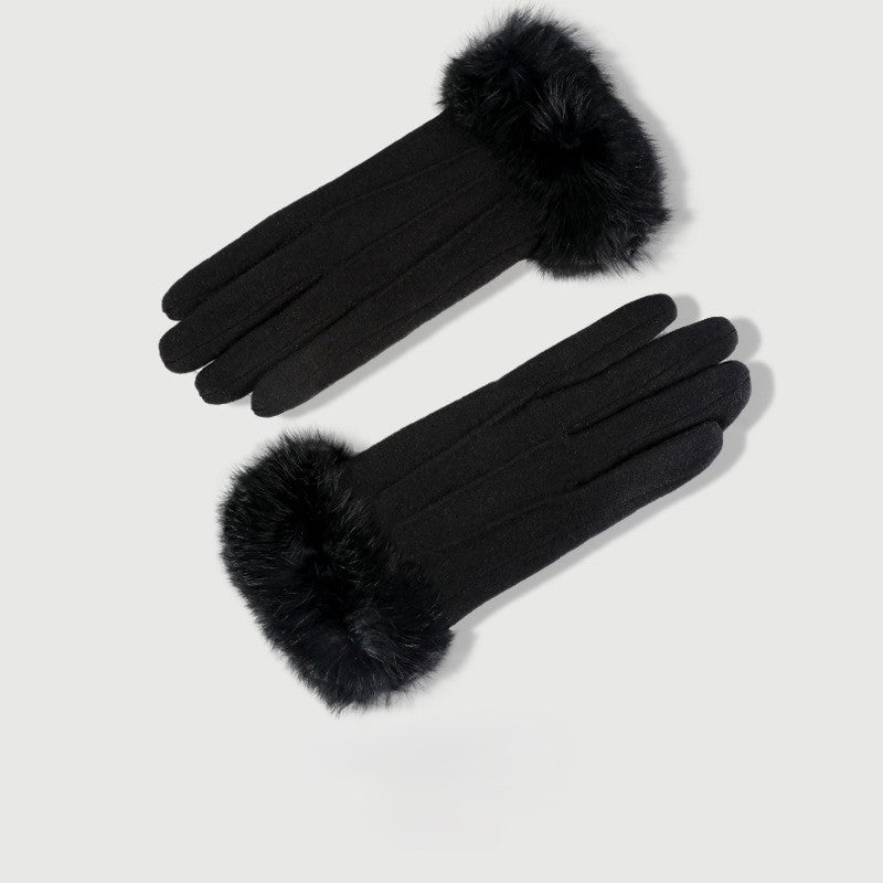 Faux Fur Cuff Touchscreen Gloves - Black