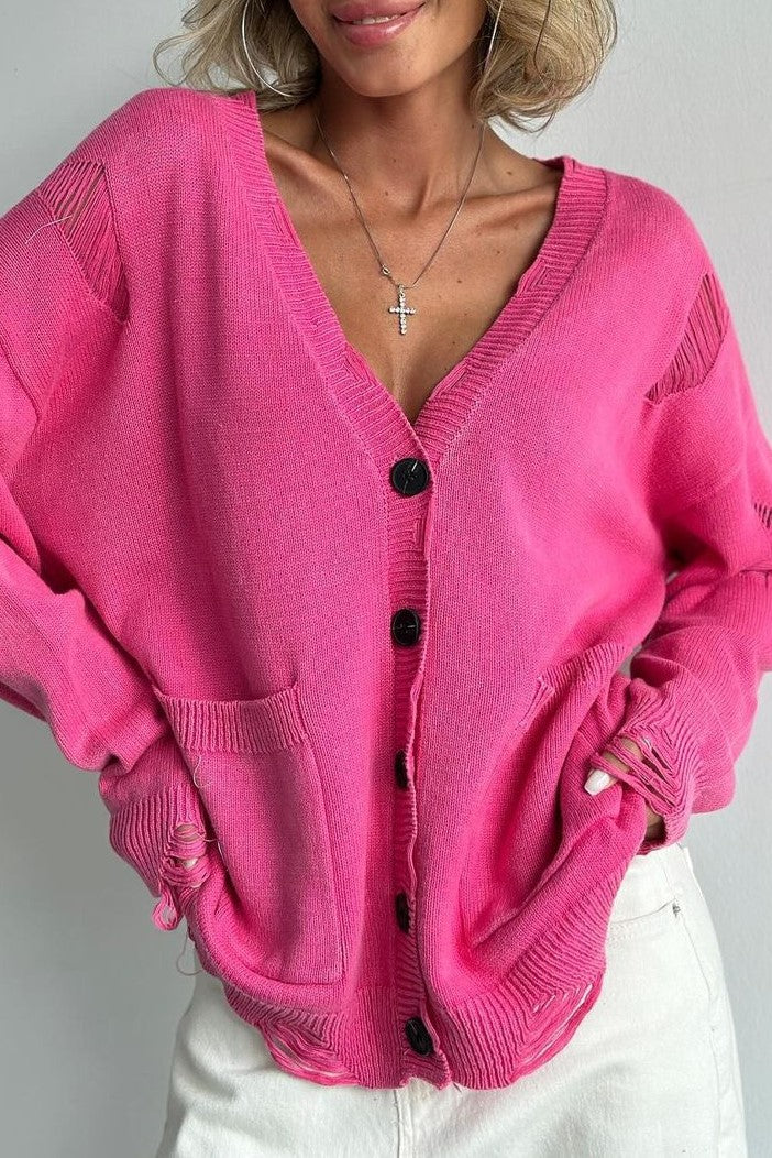 Acid Wash Distressed Oversized Cardigan - Fuchsia