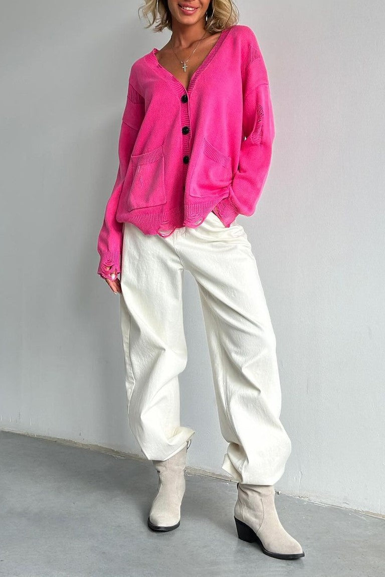 Acid Wash Distressed Oversized Cardigan - Fuchsia - 1