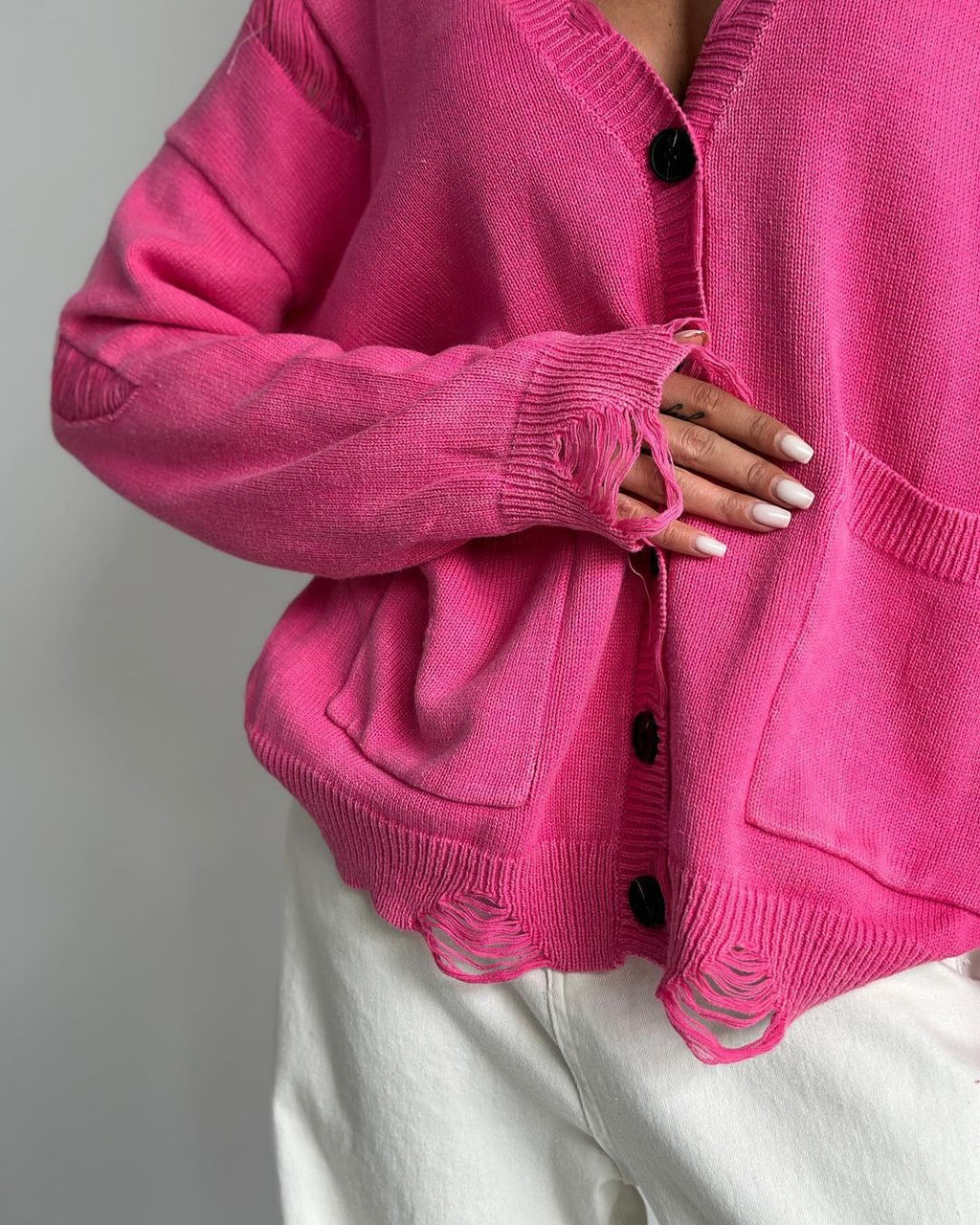 Acid Wash Distressed Oversized Cardigan - Fuchsia - 2