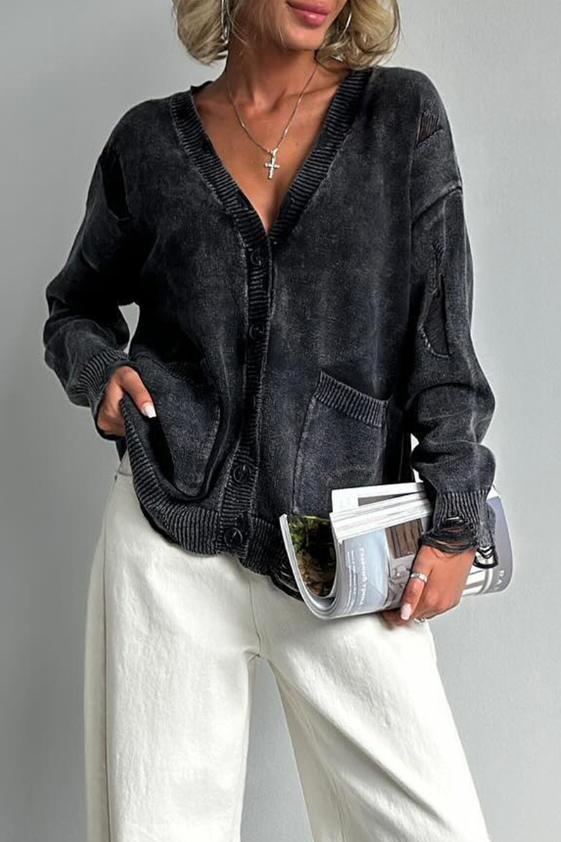 Acid Wash Distressed Oversized Cardigan - black