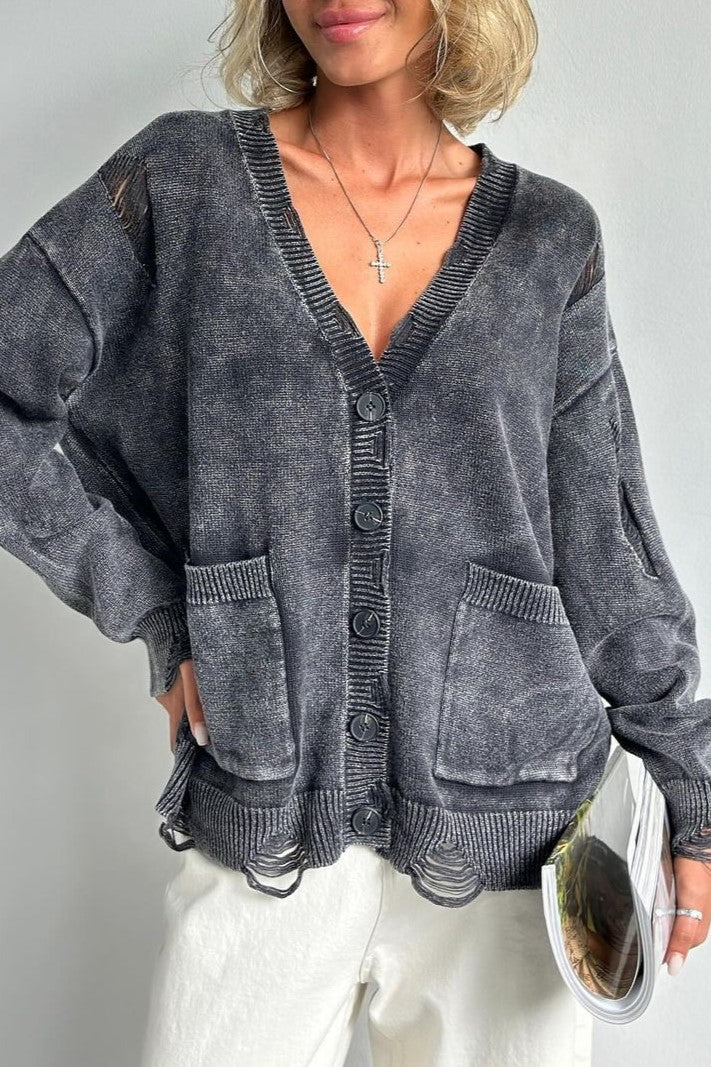 Acid Wash Distressed Oversized Cardigan - grey