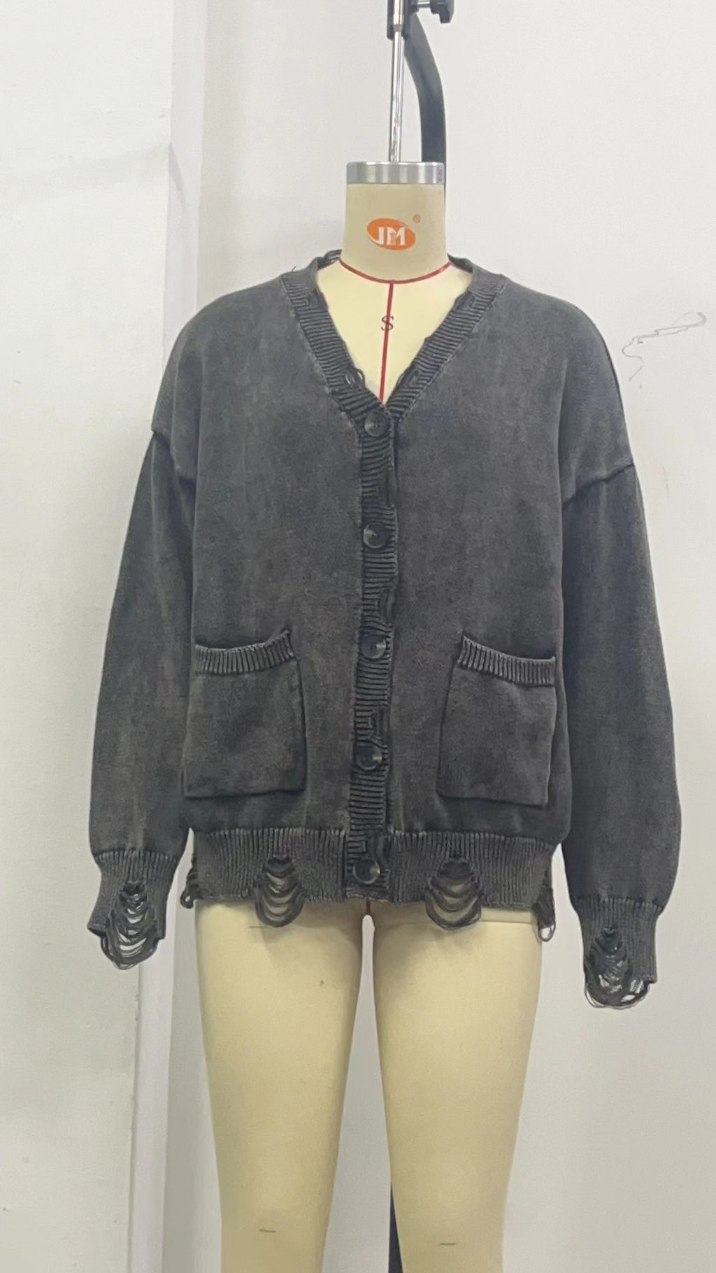Acid Wash Distressed Oversized Cardigan - grey - 1