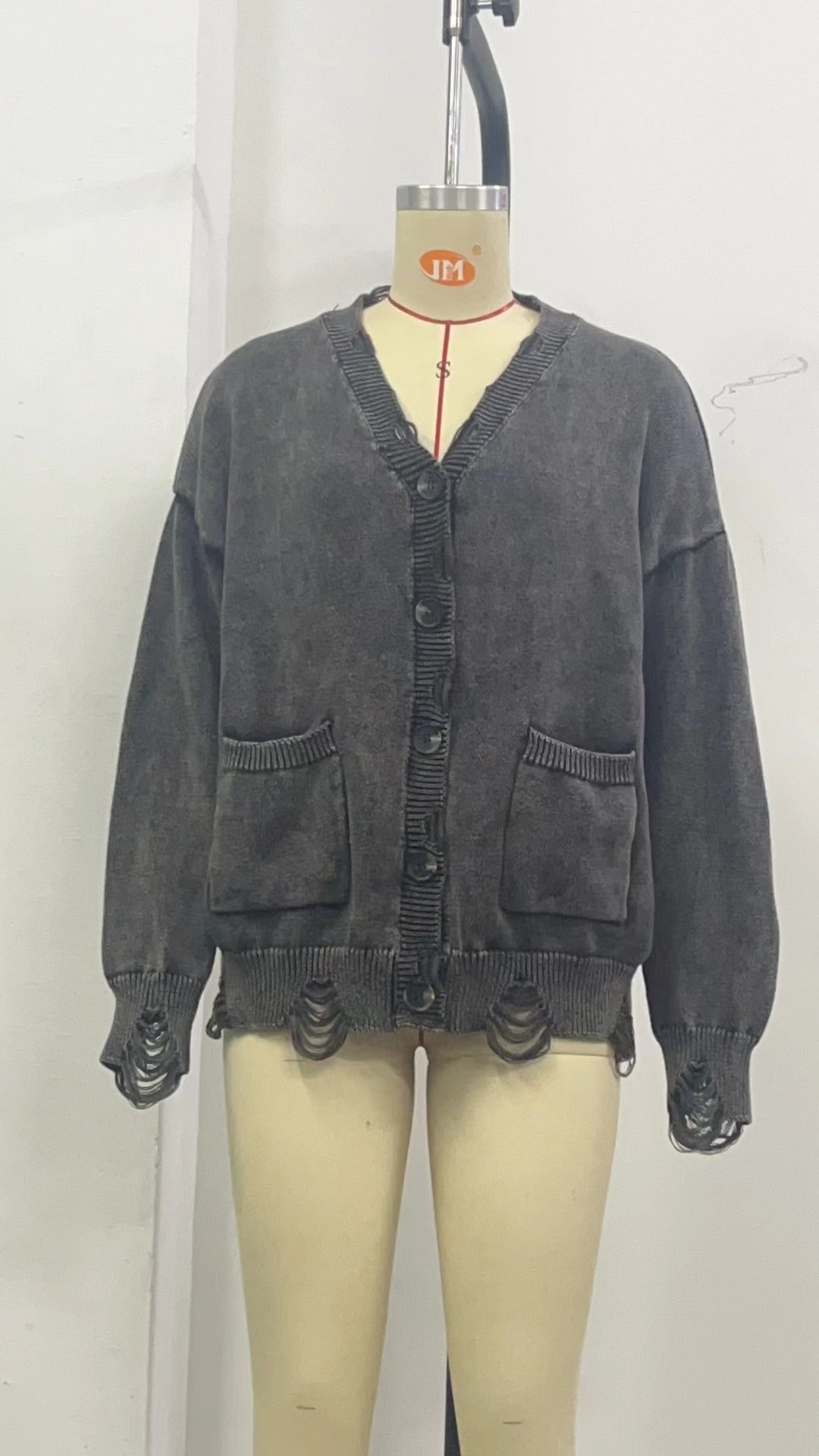 Acid Wash Distressed Oversized Cardigan - grey - 1