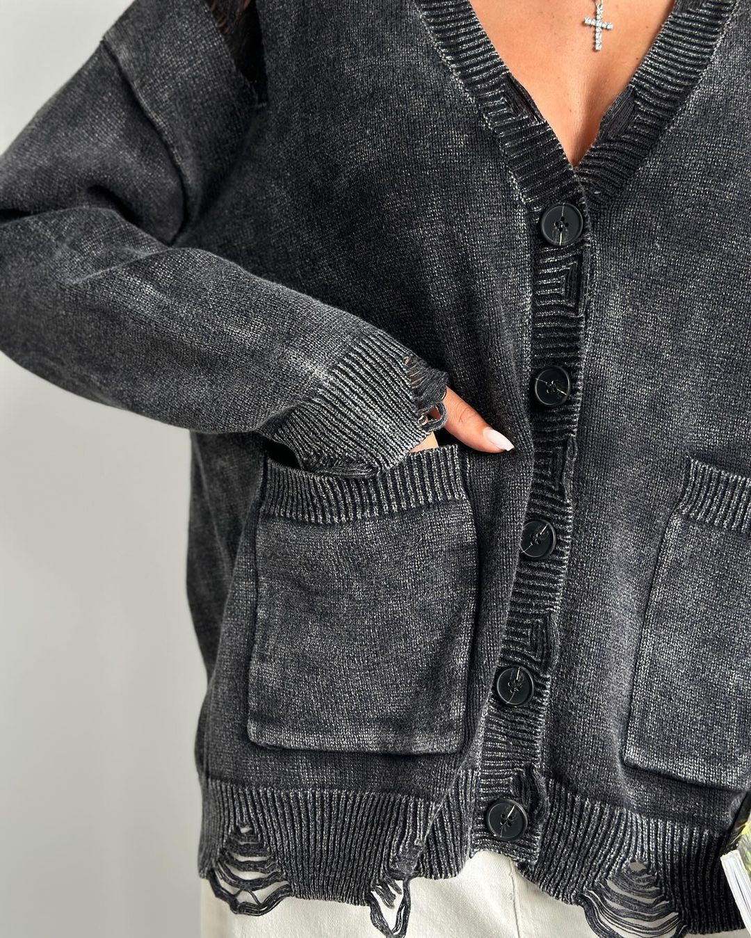 Acid Wash Distressed Oversized Cardigan - grey - 2