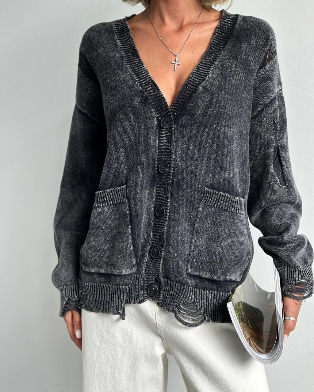 Acid Wash Distressed Oversized Cardigan - grey - 3