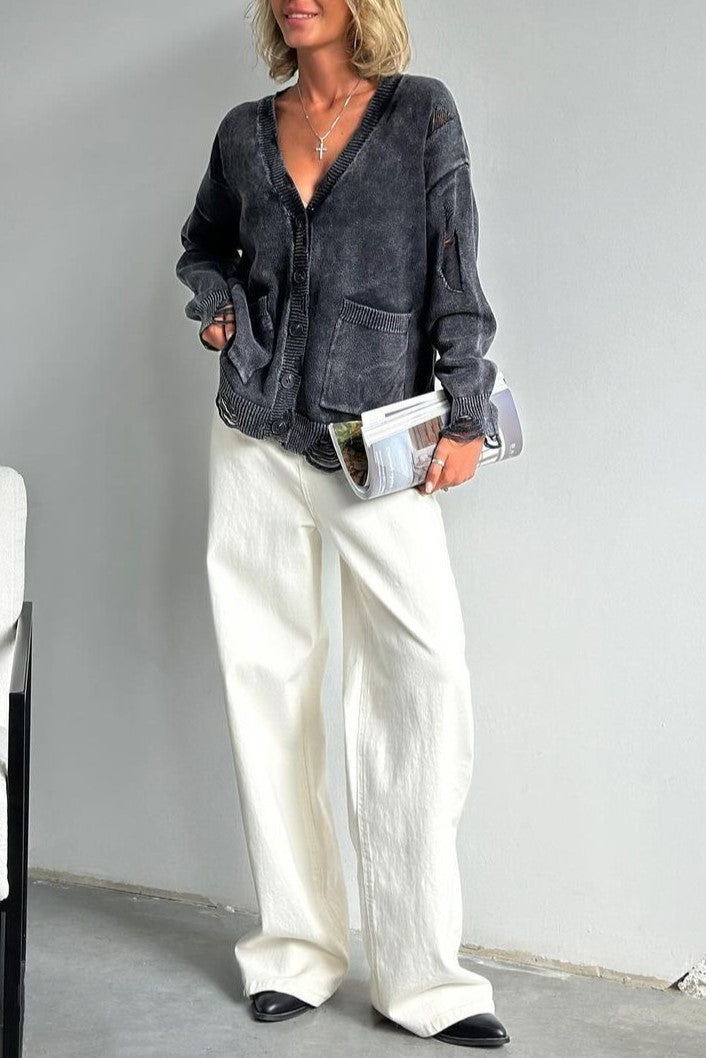Acid Wash Distressed Oversized Cardigan - grey - 4
