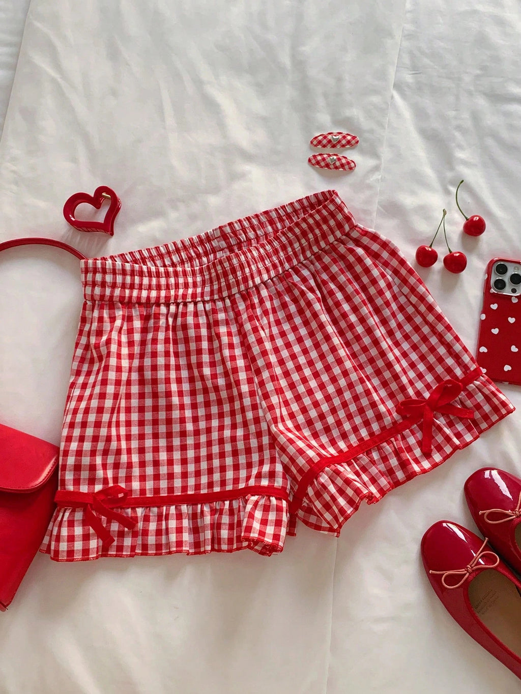 Gingham Bow Trim Ruffled Boxer Shorts - Red