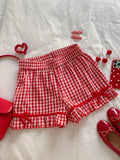 Gingham Bow Trim Ruffled Boxer Shorts - Red